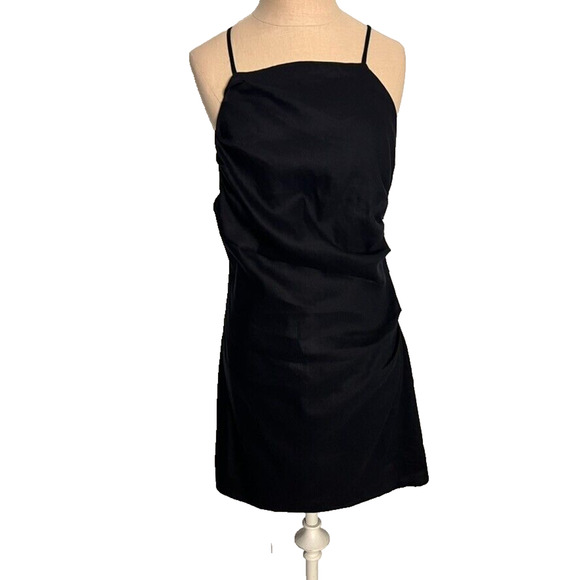 Forever Dress Womens Large Black Draped Linen Blend Black Mini Strappy Ruched - Picture 2 of 11